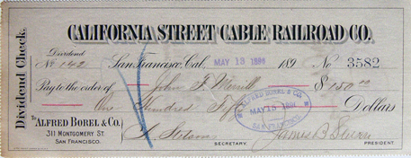 California Street Cable Railroad Co., dividend check, 1896